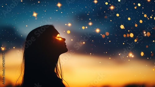 A silhouette of a woman gazing at a starry sky filled with twinkling lights, creating a serene and magical atmosphere. photo