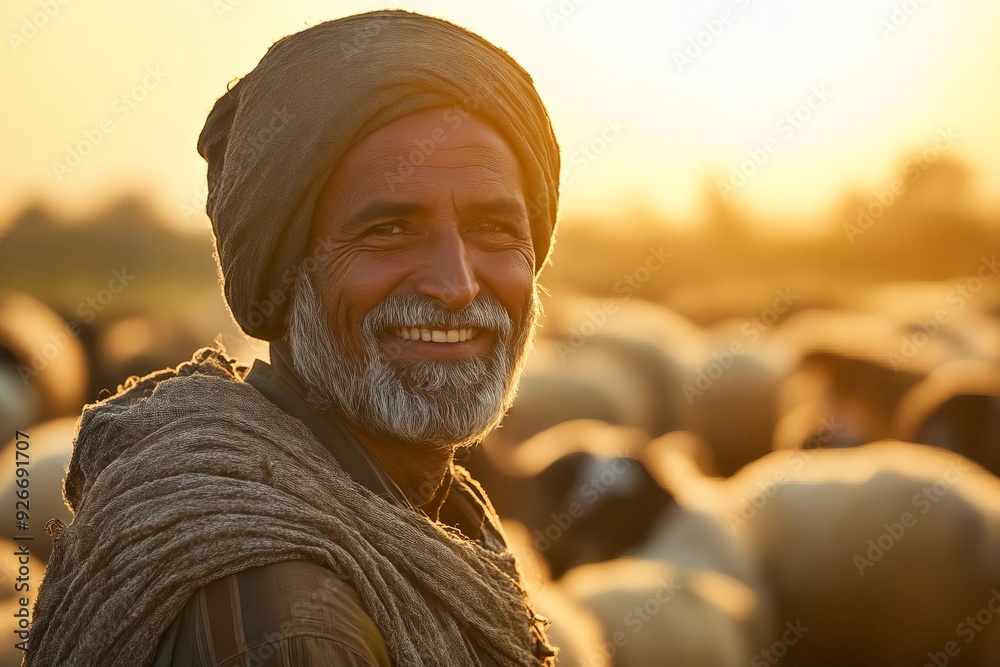 A smiling man in a turban standing in front of a herd of sheep A smiling man in a turban standing in front of a herd of sheep