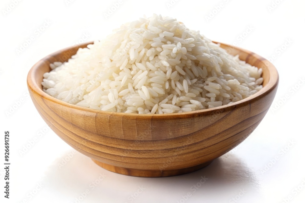 A bowl of freshly cooked white rice, a staple food in many cultures. The rice is fluffy and steaming, ready to be served as a side dish or used as an ingredient in various dishes. The wooden bowl adds A bowl of freshly cooked white rice, a staple food in many cultures. The rice is fluffy and steaming, ready to be served as a side dish or used as an ingredient in various dishes. The wooden bowl adds