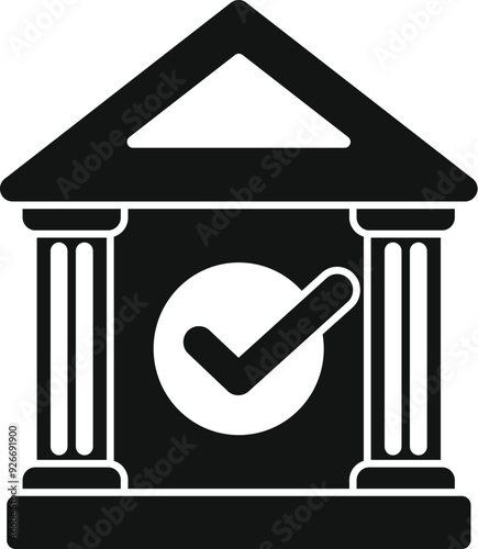 This vector illustration shows a bank building with a check mark, representing a successful financial transaction or positive banking experience