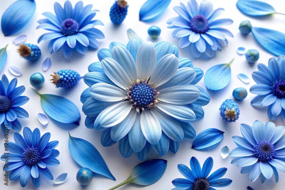 A captivating arrangement of blue flowers with white petals, blue petals and delicate buds on a white background. The blue flowers symbolize tranquility, peace, and serenity, representing a natural b A captivating arrangement of blue flowers with white petals, blue petals and delicate buds on a white background. The blue flowers symbolize tranquility, peace, and serenity, representing a natural b