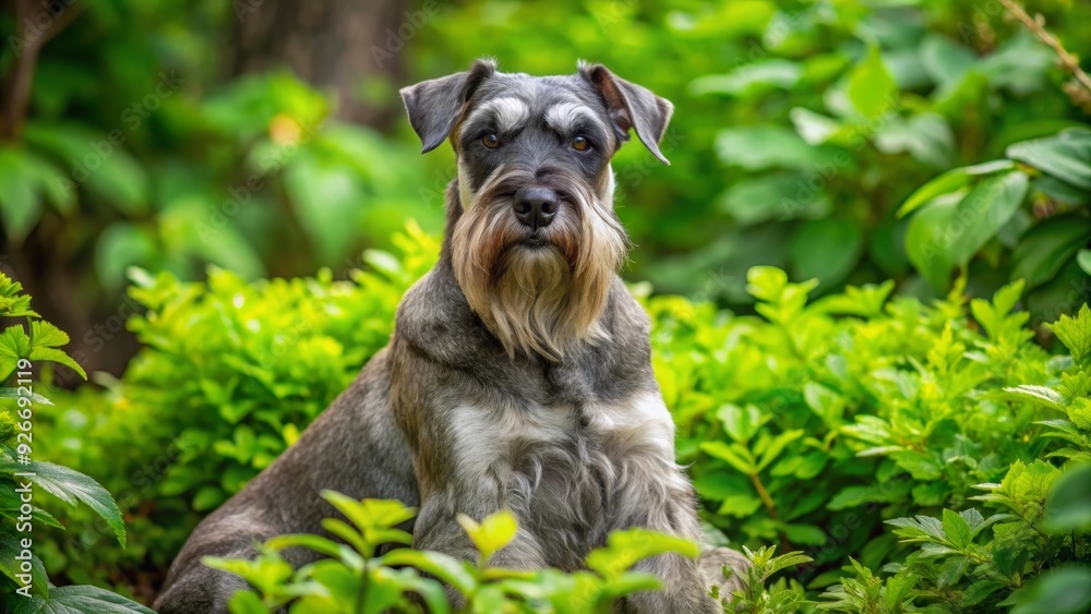 A charming miniature schnauzer dog with a playful expression, sitting in a vibrant green garden, showcasing the dog's beauty, the lush foliage, and the peaceful outdoor setting. A charming miniature schnauzer dog with a playful expression, sitting in a vibrant green garden, showcasing the dog's beauty, the lush foliage, and the peaceful outdoor setting.