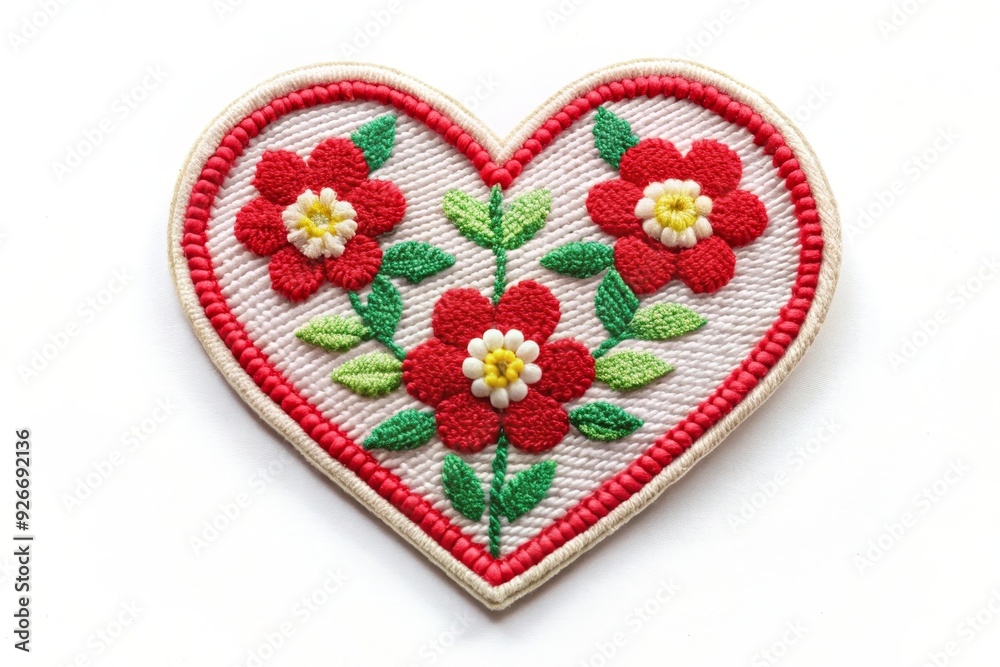 A charming hand-stitched heart-shaped patch featuring delicate floral embroidery. Three red flowers with yellow centers and green leaves create a romantic and timeless design. A charming hand-stitched heart-shaped patch featuring delicate floral embroidery. Three red flowers with yellow centers and green leaves create a romantic and timeless design.