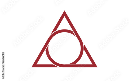 sacred geometrical figure of a circle inscribed in a triangle, the vector red logo tattoo mythological symbol round triangle isolated on white background 