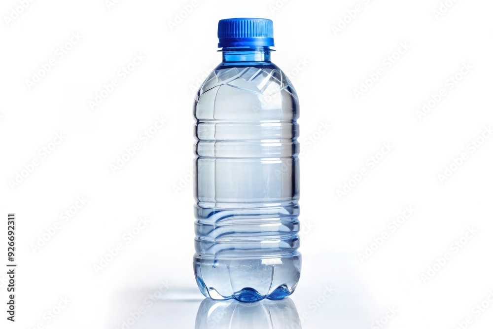 A clear plastic water bottle with a blue cap, standing upright against a clean white backdrop, symbolizes hydration, health, refreshment, purity, and simplicity. A clear plastic water bottle with a blue cap, standing upright against a clean white backdrop, symbolizes hydration, health, refreshment, purity, and simplicity.