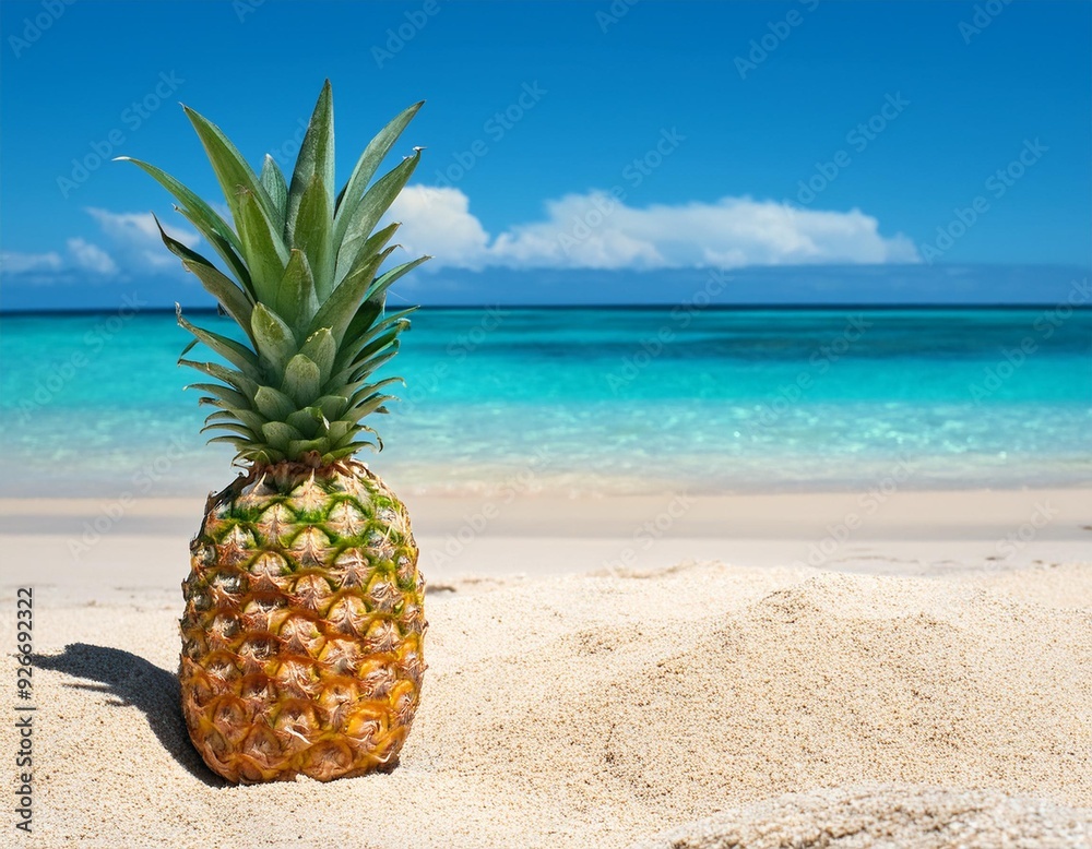 A pineapple stands on the sand of an exotic beach, with blue water in the background, copy space, summer fruit health background