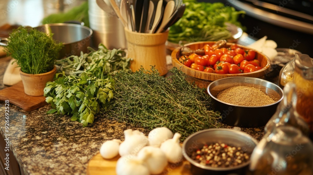 A detailed shot of fresh ingredients laid out on a kitchen counter, including herbs, vegetables, and spices, ready for cooking. A detailed shot of fresh ingredients laid out on a kitchen counter, including herbs, vegetables, and spices, ready for cooking.