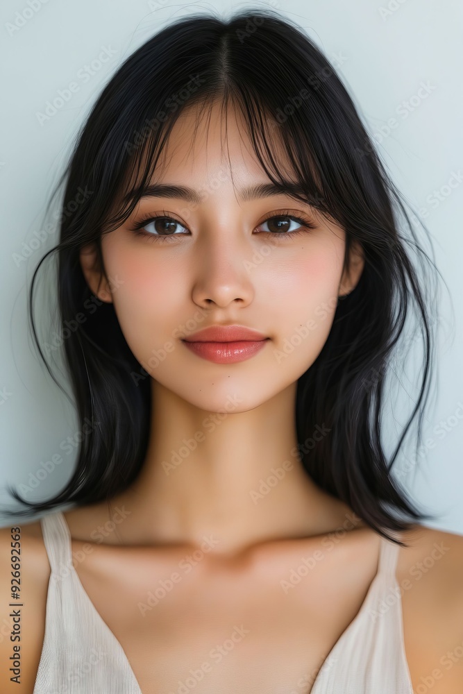 A woman with long black hair wearing a white tank top