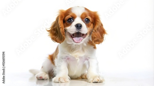 A cute Cavalier King Charles Spaniel puppy sits on a white background, looking directly at the camera with its tongue out and a happy expression. This image symbolizes playfulness, joy, and the uncond