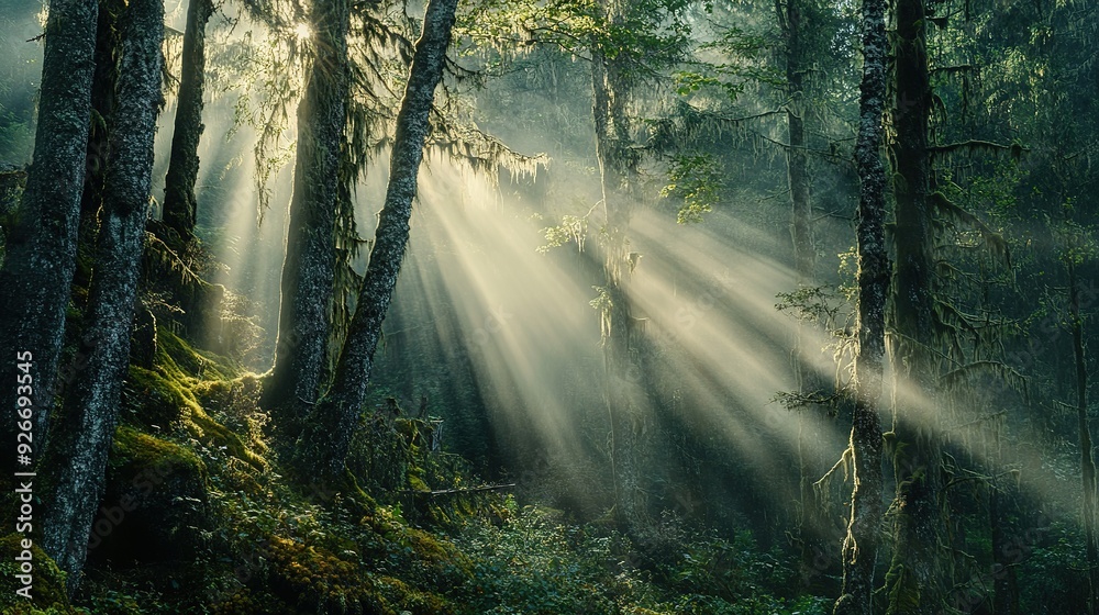 Naklejka premium Sunbeams Illuminating a Misty Forest with Mossy Trees