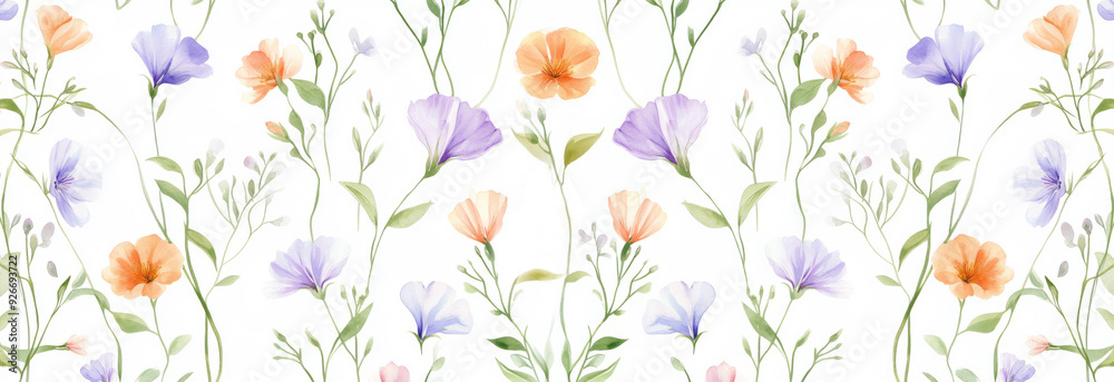 watercolor wildflowers and leaves in a seamless pattern on a white background