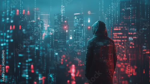 Hackers are planning to hack and attack Zeroday networks and cyber security systems in Smart digital city with connection network reciprocity over the cityscape . Concept of future smart wireless city photo