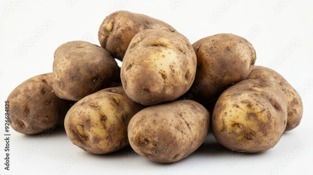 A detailed view of a bunch of fresh potatoes with their earthy skins and slight blemishes, positioned on a white background for contrast. A detailed view of a bunch of fresh potatoes with their earthy skins and slight blemishes, positioned on a white background for contrast.