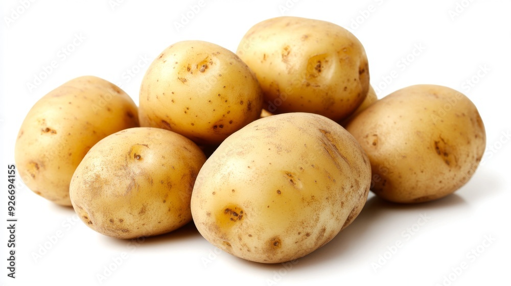 A detailed view of a bunch of fresh potatoes with their earthy skins and slight blemishes, positioned on a white background for contrast. A detailed view of a bunch of fresh potatoes with their earthy skins and slight blemishes, positioned on a white background for contrast.