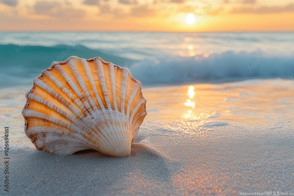 serene beach scene single ornate seashell on pristine sand gentle waves in background warm sunrise colors macro detail of sand texture serene beach scene single ornate seashell on pristine sand gentle waves in background warm sunrise colors macro detail of sand texture
