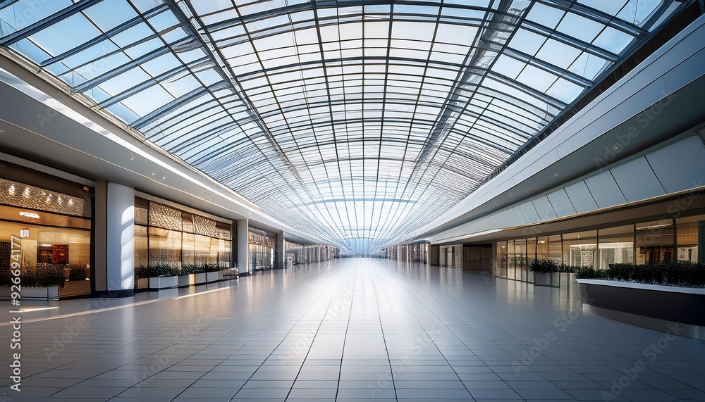 An empty shopping mall with a glass roof'