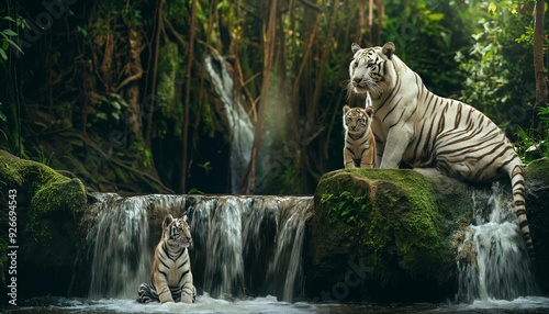  AI generation depicts an white tiger in the forest amidst nature. Waterfalls, water streams, good weather, photo