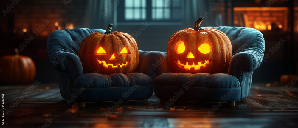 Obraz premium Halloween pumpkins glowing with warm candlelight decorate the house