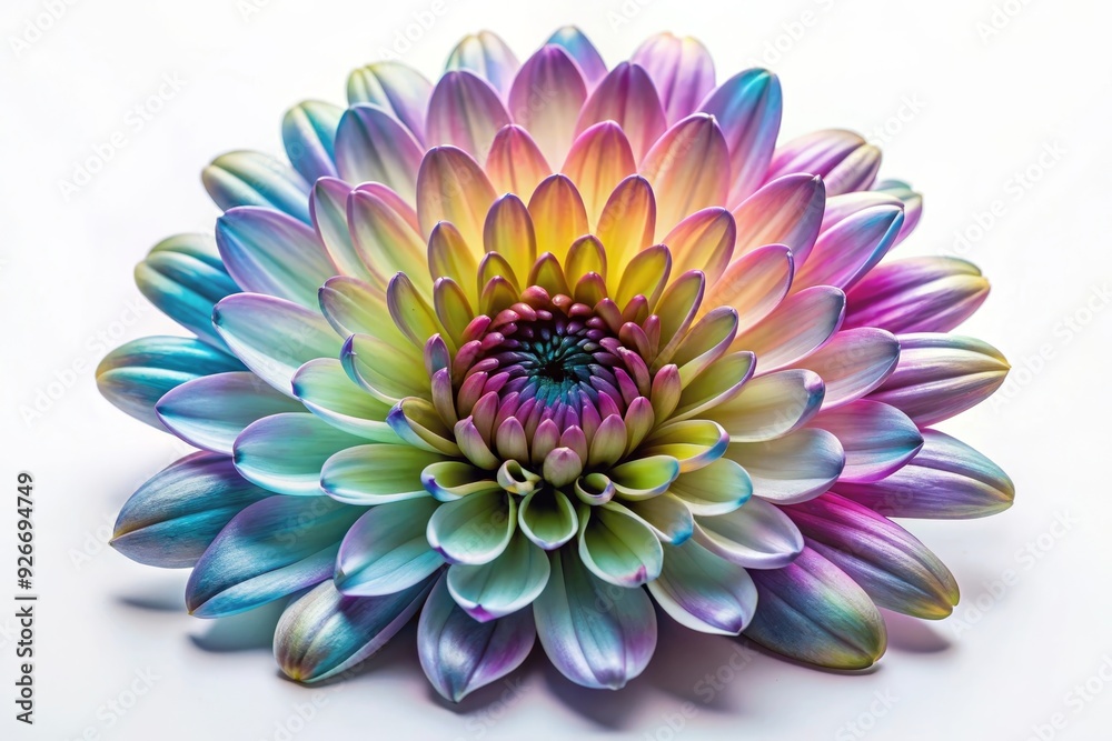 A single, colorful flower with rainbow hues blooms in the center of the image. Its petals form a circular shape, with a vivid center and delicate, layered edges. The flower sits against a plain white A single, colorful flower with rainbow hues blooms in the center of the image. Its petals form a circular shape, with a vivid center and delicate, layered edges. The flower sits against a plain white