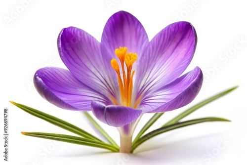 A single purple crocus flower with green leaves on a white background symbolizes spring, new beginnings, growth, beauty, and nature.