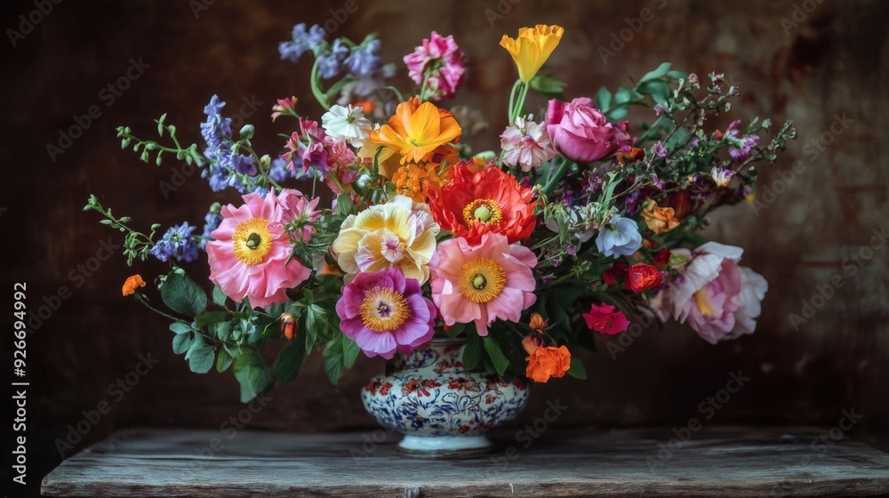custom made wallpaper toronto digitalA detailed view of a colorful floral arrangement in a rustic setting, featuring a mix of seasonal flowers and a charming, vintage vase.