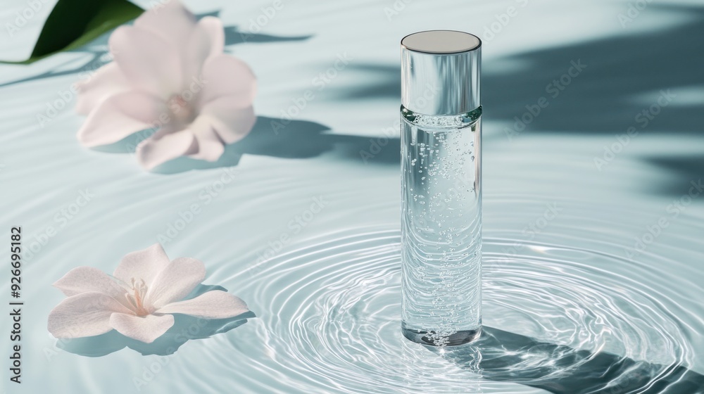 Glass Bottle with Water Droplets and Flowers on a Blue Surface Glass Bottle with Water Droplets and Flowers on a Blue Surface