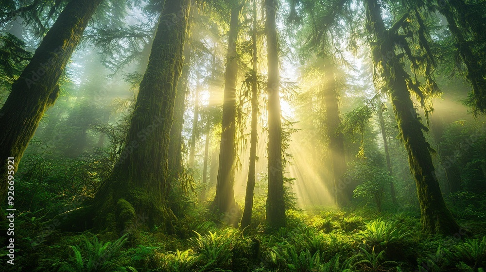 Sunlight Beams Through a Foggy, Moss-Covered Forest Sunlight Beams Through a Foggy, Moss-Covered Forest