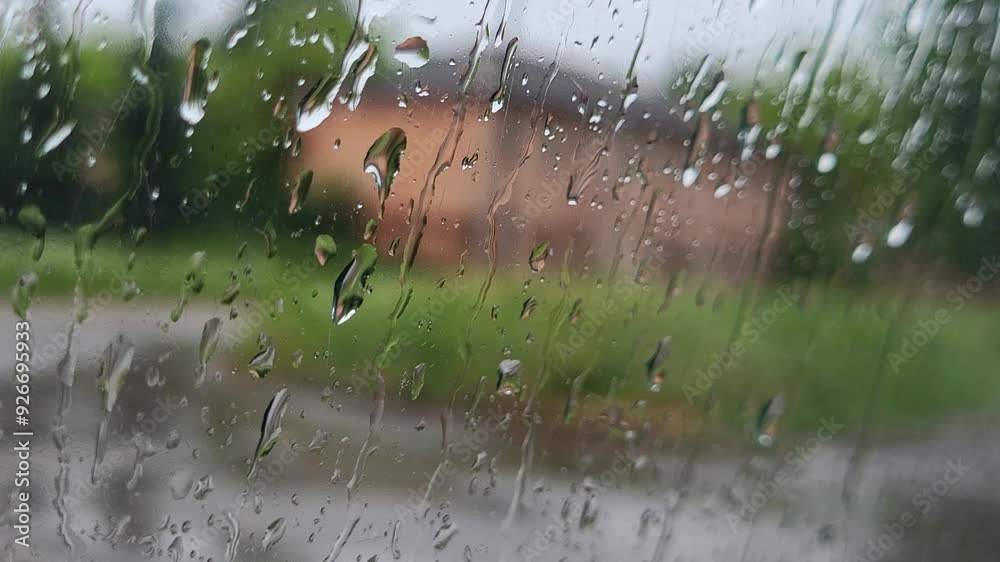 Raindrops are crawling on the side window of the car, from where the road and the house are visible Raindrops are crawling on the side window of the car, from where the road and the house are visible