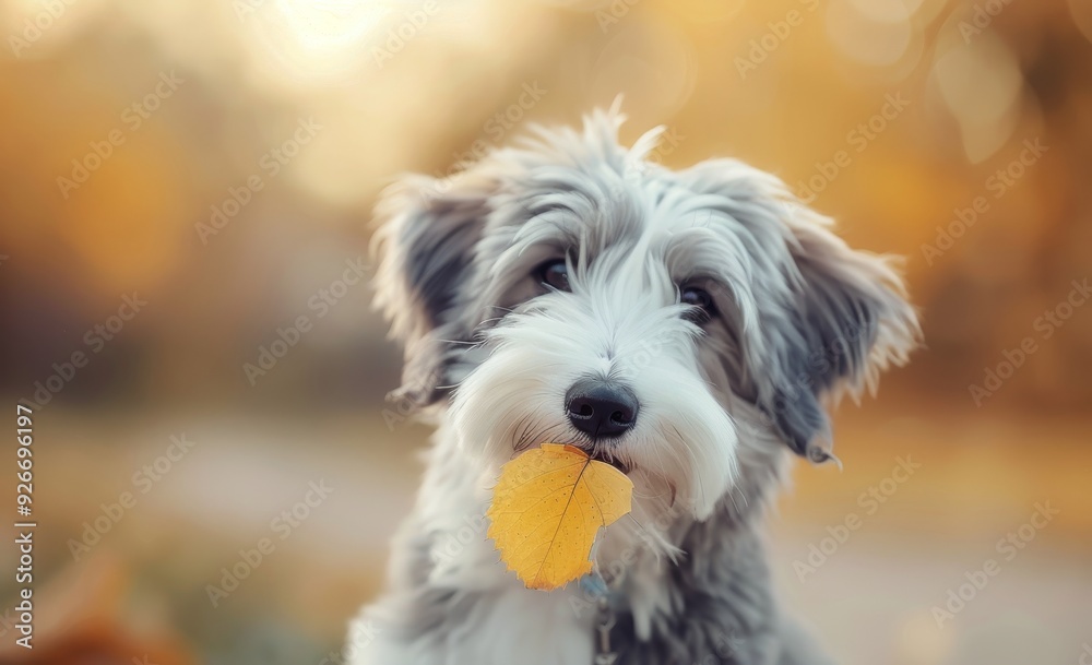 Playful Dog Holding Yellow Leaf in Autumn Park Playful Dog Holding Yellow Leaf in Autumn Park