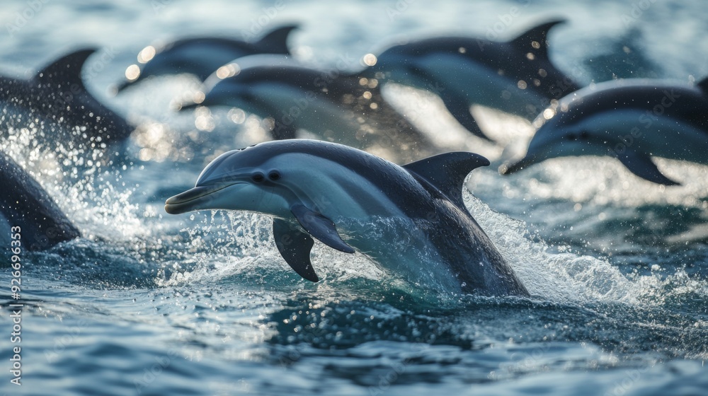 Obraz premium A detailed view of a group of dolphins surfacing together, creating splashes and ripples in the water, capturing their social behavior and dynamic movement.