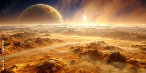 Mystical and otherworldly surface of Titan, with ethereal mist and rugged terrain, mystical, surface, Titan, ethereal, mist