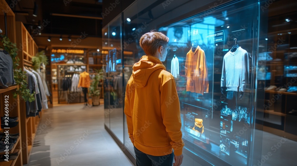 AI-Enhanced Retail Stores with Virtual Try-On Mirrors: Customers using augmented reality mirrors to try on clothes virtually. AI-Enhanced Retail Stores with Virtual Try-On Mirrors: Customers using augmented reality mirrors to try on clothes virtually.