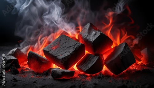 Charcoal is burning red and smoke