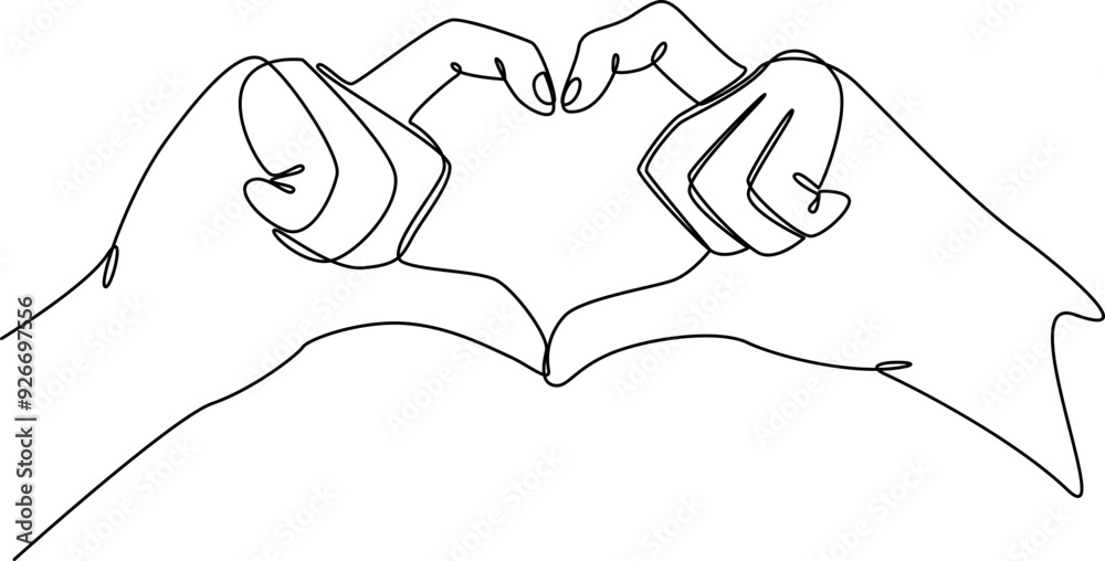 Two hands joined in the shape of love. one line art vector illustration