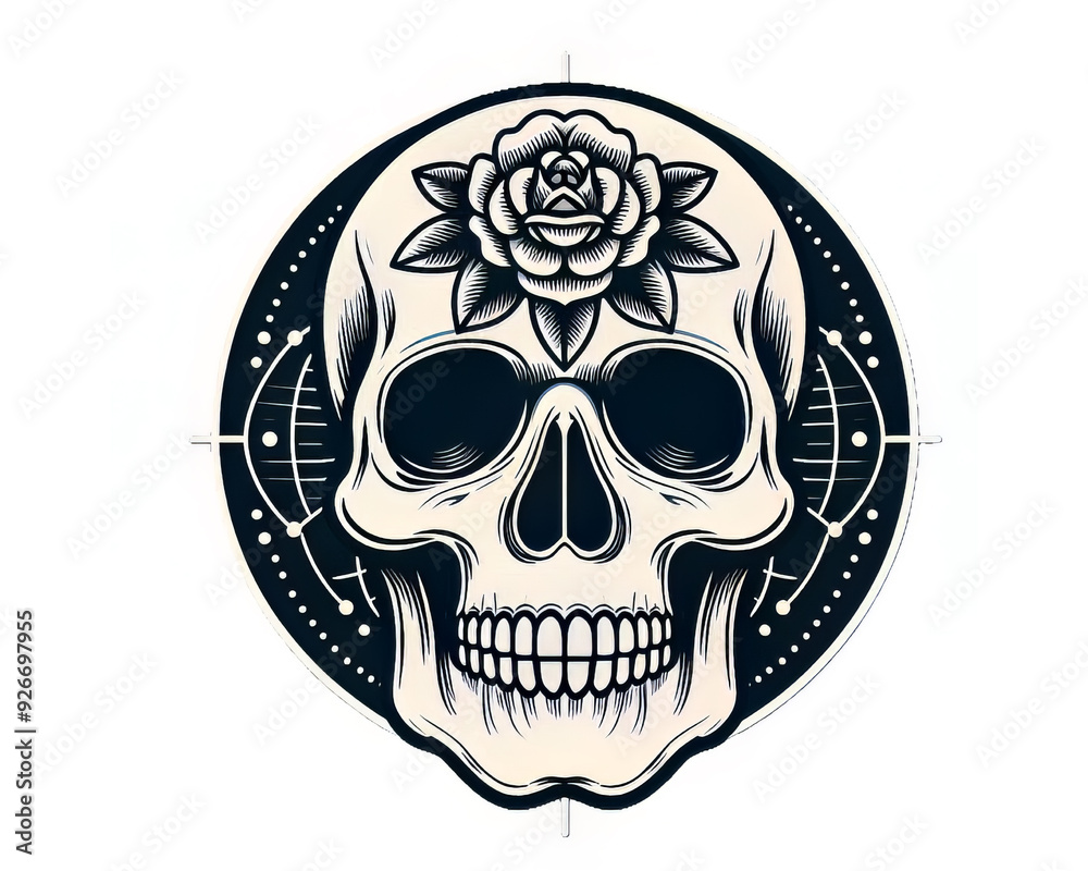 Front view of a natural human skull, with black and white detailed illustration Front view of a natural human skull, with black and white detailed illustration