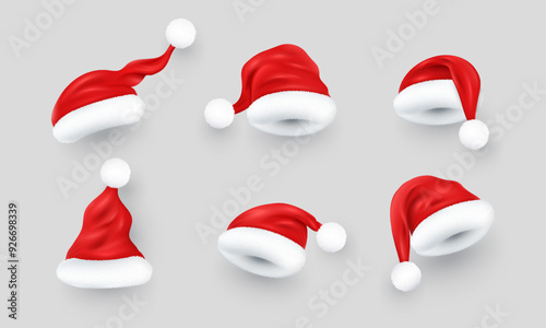 Realistic vector isolated Christmas Santa Claus red hat collection. New Year decoration elements set.