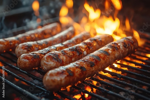 sizzling sausages on flaming barbecue grill closeup view blurred outdoor setting visible flames and smoke appetizing summer cookout scene