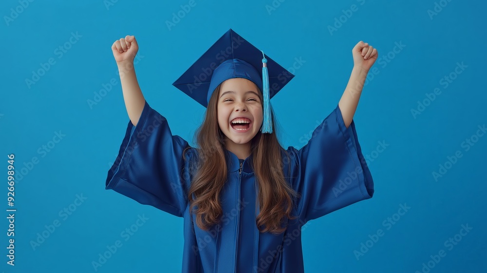 Study, education, university, college, graduate concept on banner. Happy and excited portrait of young student girl in hat of graduation Study, education, university, college, graduate concept on banner. Happy and excited portrait of young student girl in hat of graduation