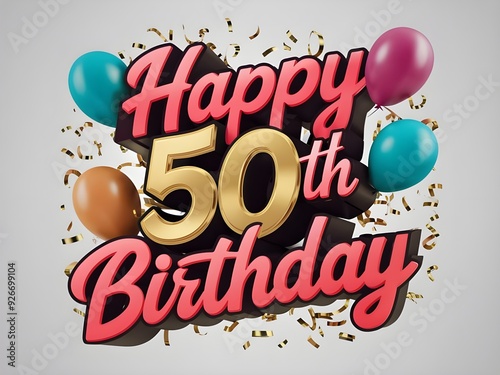 Happy 50th birthday with bold text and festive balloons
