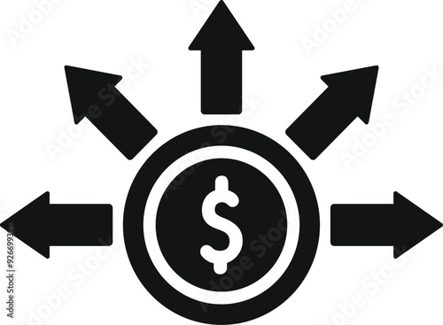 Black and white icon of money distribution, showing several arrows pointing out from a central coin