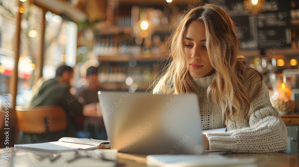 Beautiful young woman working on laptop in cafe. Freelance business concept Beautiful young woman working on laptop in cafe. Freelance business concept
