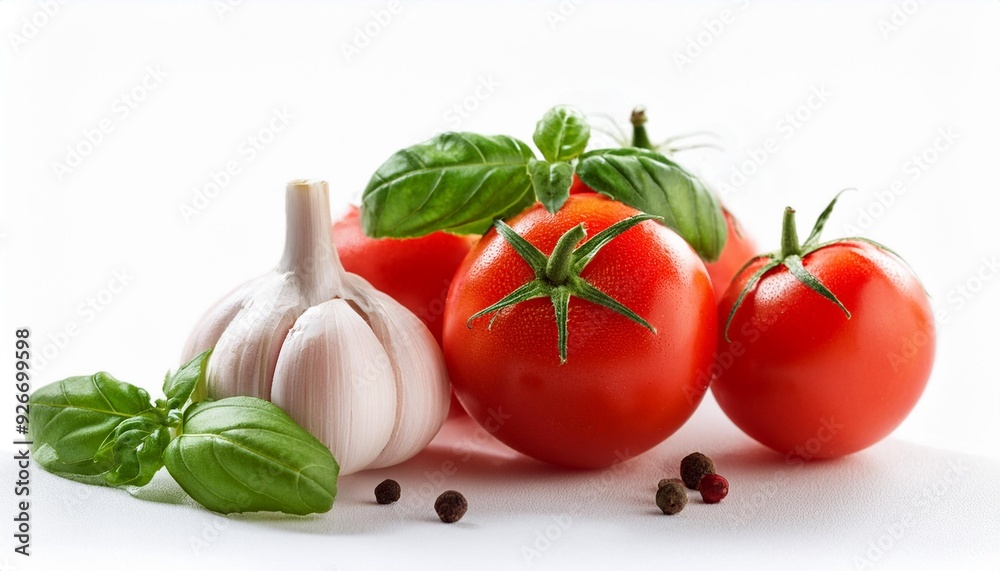 Fresh Tomatoes Garlic and Basil on White Background