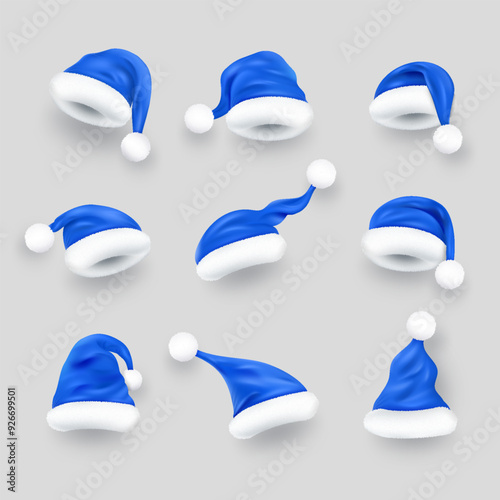 Set of realistic blue Christmas Santa Claus hats with white fur. New Year winter cup collection.