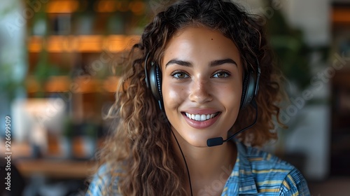 Close-up portrait of a smiling female customer support phone operator with headset