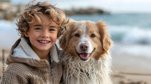 Portrait of a boy with his dog at the beach in winter
