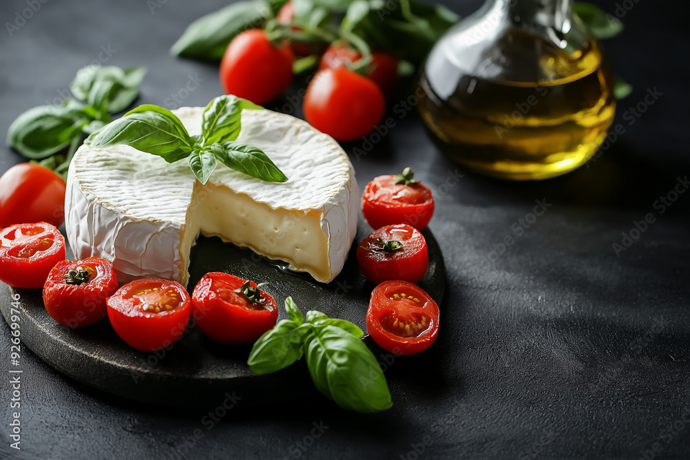 Brie cheese with olive oil, tomatoes, and basil on a dark background. Italian food concept
