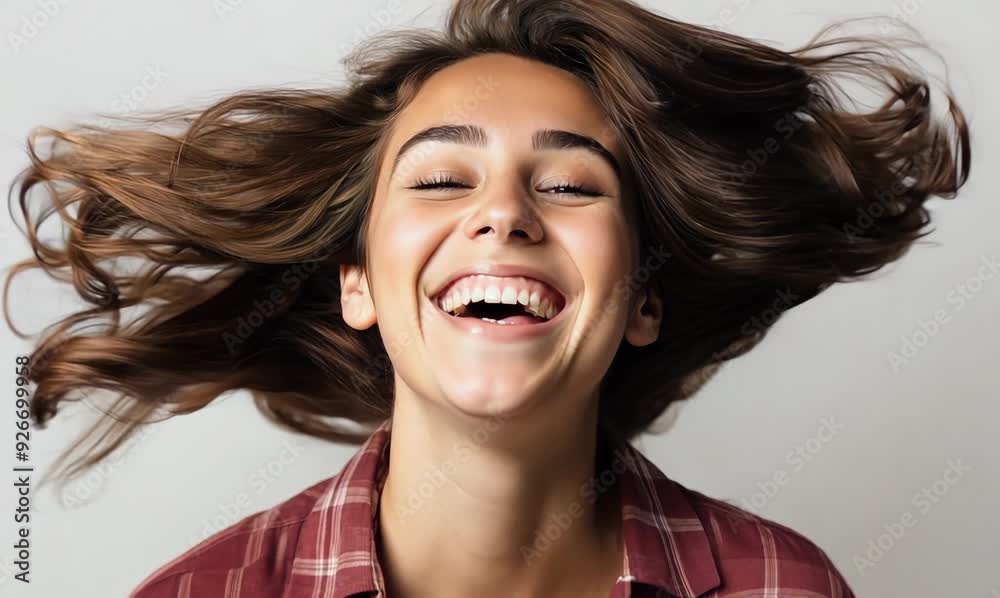 Portrait of beautiful young woman laughing and looking at camera isolated over white background Portrait of beautiful young woman laughing and looking at camera isolated over white background
