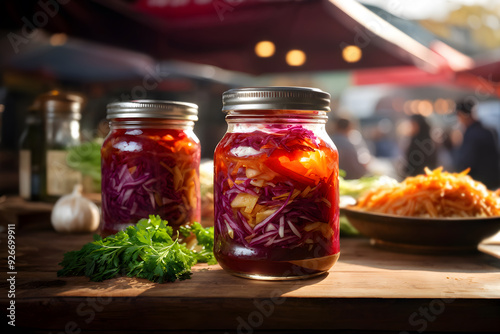 Colorful jars of pickled veggies at an artisanal market