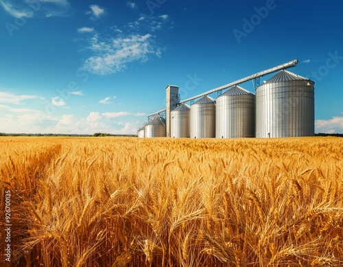 Golden wheat field and grain silos under blue sky