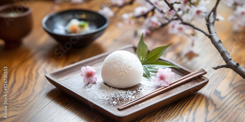 Creative food template. Daifukumochi daifuku mochi rice flour Japanese dessert on wooden table with sakura cherry blossom leaf branch flower, copy text space photo